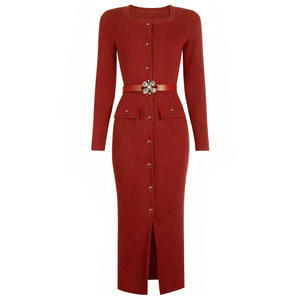 Abito Midi Aderente da Donna 2025 di Qualità, <span class=keywords><strong>con</strong></span> Colletto Quadrato, Monopetto, Maniche Lunghe e Cintura - Product Image 4