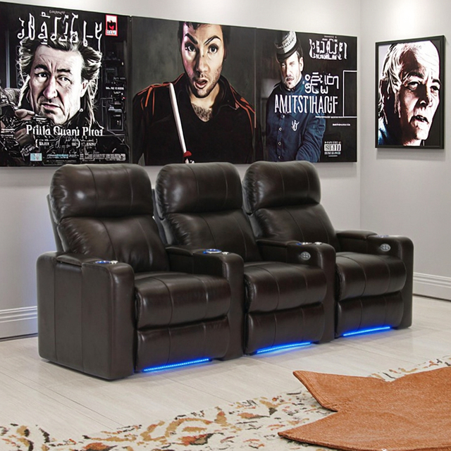 Modern 3 Seater Genuine Leather Home Theater Cinema Seat Power Recliner Sofa with Cup Holder Led Light Home Furniture
