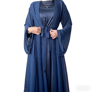 Ensemble Abaya Modeste Bleu Marine Semi-Transparent à Pois, Robe Ouverte à Ceinture, Vêtement Islamique Printemps/Été - Product Image 2