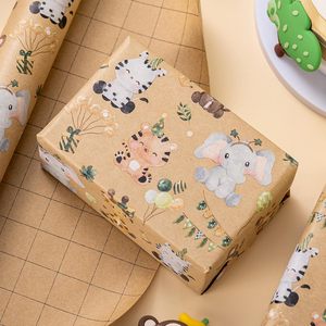 17in Neutral Baby Shower <b>Gift</b> Wrapping Paper Roll Cartoon Cat and <b>Elephant</b> Pattern Kraft Paper Customizable Pattern Logo Size - Product Image 1