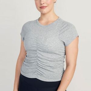 Tops cortos para mujer, camiseta plisada de manga corta con cuello redondo, camiseta de manga corta plisada de verano, camiseta informal ajustada de algodón para mujer - Product Image 5