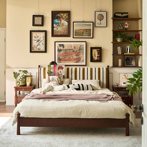French Retro Style Solid Wood <b>Bed</b> 1.5M Platform With Soft Headboard For Bedroom - Product Image 2