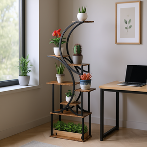 Moderno Portapiante Angolare a 8 Livelli a Forma di S in Legno con Finitura Carbonizzata per Accessori Decorativi da Ufficio - Product Image 2