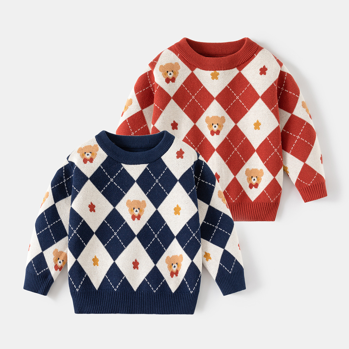 Autumn Winter 2024 Boys' Sweater New Children's Clothing Wholesale Argyle Knit Base Shirt for Toddler Kids O-Neck Collar