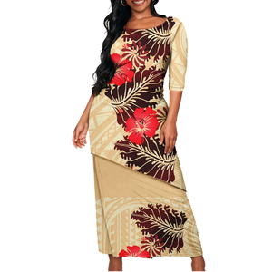 Nouvelle Robe Midi Hawaïenne à Imprimé Hibiscus pour Femme, Manches Décontractées, Vêtements Polynésiens Samoans, Îles d'Asie-Pacifique - Product Image 4
