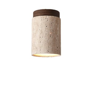Plafonnier cylindrique en travertin style Wabi Sabi avec base en bois, lampe encastrée rétro pour couloir et salon - Product Image 5
