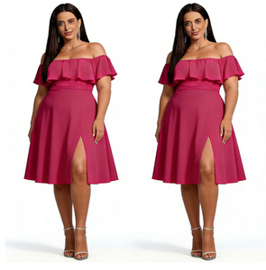 <span class=keywords><strong>Vestido</strong></span> de <span class=keywords><strong>Dama</strong></span> de Honor Talla Grande, <span class=keywords><strong>Color</strong></span> <span class=keywords><strong>Magenta</strong></span>, Hombros Descubiertos, Largo hasta la Rodilla, de Chifón, Formal - Product Image 2