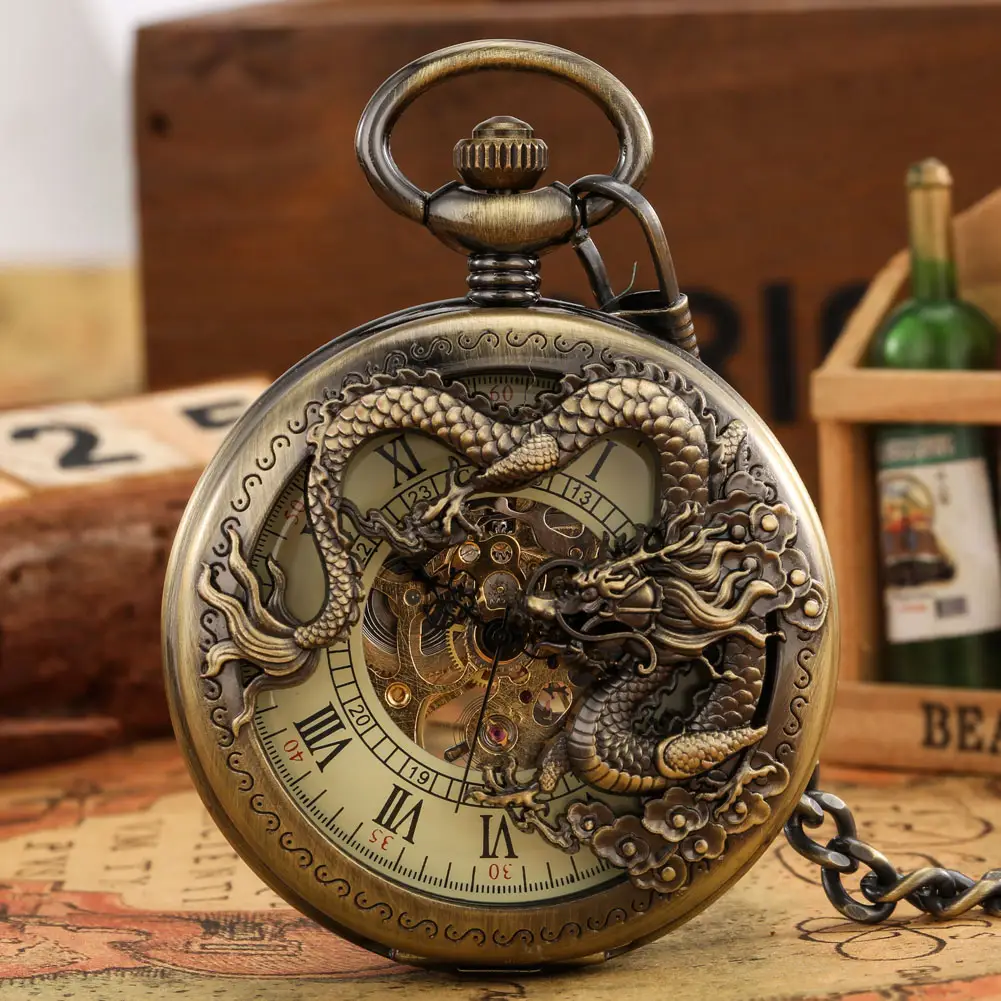 Antique Gift Wind Up Clock Hollow Half Hunter Steampunk Dragon Skeleton Mechanical Pocket Watch With Keychain For Men