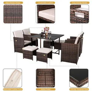 Waterproof Polyester Customized Size Garden Outdoor Modern Rattan Dining Set With Cushions Garden Table And Chairs Set