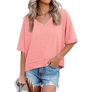 Camiseta de Manga Corta con Cuello en V para Mujer, Diseño Casual de Primavera/Verano, Color Sólido, Transpirable, de Secado Rápido, Algodón de Color - Product Image 1