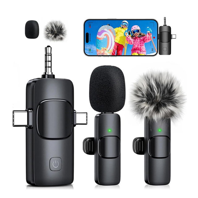 3 in 1 Professional Wireless Lavalier Microphone for IPhone Android Camera Wireless Mini Microphone for Recording Live Streaming
