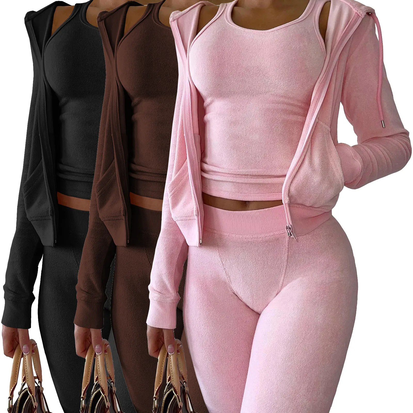 2022 Herbst Winter Damen bekleidung Terry Handtuch pullover Damen 3-teilige Jogger-Sets Sporttasche Kapuzen-Trainingsanzug-Set