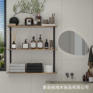 Étagère murale en bois et fer forgé, support de rangement à 3 niveaux pour cuisine, salle de bain, balcon, rétro, durable - Product Image 4