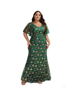 Zomer Plus Size Jurk met willekeurig ontwerp, V-hals, bloemenkant, kralen, borduurwerk, geruite mouwen, gevoerd, elegante gala- of avondjurk - Product Image 1