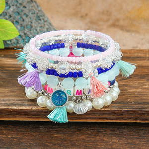 <b>Beaded</b> Bracelets <b>Set</b> Tassel Imitation Pearl Crystal Rhinestone Mom Charm Women's Bohemia Fashion Jewelry Stackable Bracelets - Product Image 1