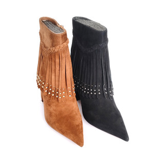 Bottines Western en Daim Marron pour Femme à Talon Haut, Style Bohème avec Pompons et Clous Dorés, Imperméables, Confortables, Fermeture Éclair, Tendance Automne - Product Image 6