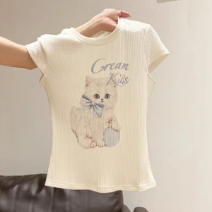T-shirt à manches courtes pour femme, coupe ajustée, en maille, imprimé Cream Kills Cat, respirant, tissu fin, impression numérique, été - Product Image 1