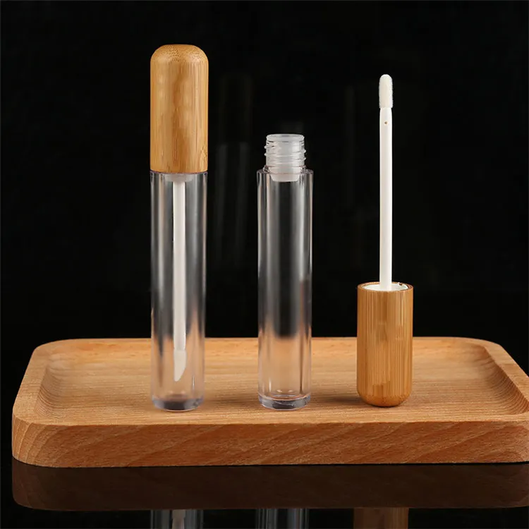 Kustom kosmetik 5ml plastik 5ml tabung Lip Gloss kosong tabung Glaze Lipgloss transparan tabung silinder dengan tutup bambu