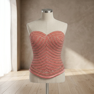 Blusa Rosa Rubor con Paneles y Adornos de Perlas y Cristales Delanteros y Traseros, de Poliéster y Seda Tejida, Escote Corazón, Elástica, Talla XL, Holgada, de Moda para Mujer - Product Image 3