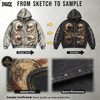 Sweat à capuche zippé coupe ample 100% Coton 500 GSM, délavage vintage, imprimé intégral motif casque de course avec strass, streetwear personnalisé, fabricant OEM ODM