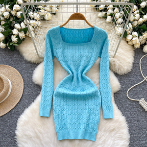 Robe en tricot torsadé à manches longues et à col carré de style mondain purement élégant pour femme, taille élastique automne et hiver-<span class=keywords><strong>Cinc</strong></span> - Product Image 6