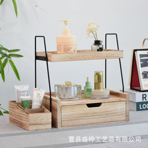 Estante de almacenamiento de escritorio de madera, organizador de cosméticos de doble capa con cajón para tocador y condimentos de cocina - Product Image 3