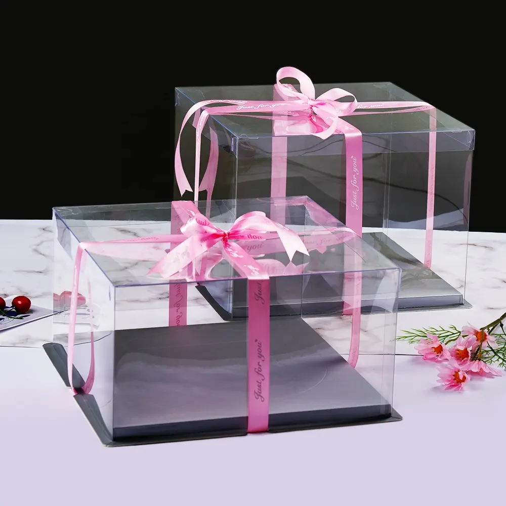 Özel baskılı dikdörtgen karton kağıt temizle pasta kutusu ile stokta şerit/pencere/kolu doğum günü hediyesi ambalaj kek kutusu