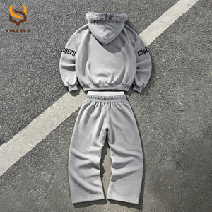 Custom Men Winter 100% Cotton Terry Breathable Vintage Screen Printed Embroidery Fur Colla Zip Distressed Hoodie <b>Sweatpants</b> <b>Set</b> - Product Image 4