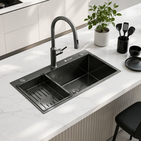 Évier de cuisine double bac en acier inoxydable nano noir à encastrer sous plan avec robinet extractible et plateau intérieur, modèle SHTSY04-6046