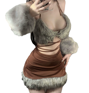 Viviblook Z103ST01 <b>Sexy</b> Lingerie Low Cut Patchwork Fur Slim Fit Backless Crop Top <b>Mini</b> <b>Skirt</b> And Gloves 3 Pieces Set for Women - Product Image 3