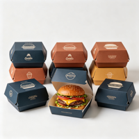 Boîtes à hamburgers en papier kraft écologiques et résistantes, personnalisables avec logo, impression quadricolore, design coquille compostable - Vente en gros