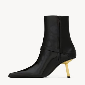 Bottines à talons aiguilles avec boucles métalliques, bottines sexy pour femmes, bout pointu, talons hauts dorés, chaussures en cuir verni - Product Image 3