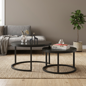 Handmade <b>Round</b> Nesting Coffee <b>Table</b> Set of 2 <b>Black</b> Metal Modern Living Room Accent <b>Tables</b> Space Saving <b>Side</b> <b>Tables</b> Contemporary - Product Image 5