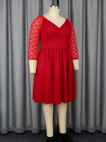 Robe décontractée pour femmes AOMEI, col en V, manches trois quarts, avec dentelle, coupe évasée, rouge brillant, grande taille, pour la danse et l'été