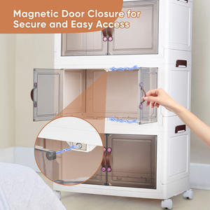 Armoire de rangement moderne pliable à 2 niveaux en plastique avec porte magnétique, roulettes universelles, organisateur transparent gain de place pour salon - Product Image 3