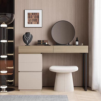 Coiffeuse moderne en bois avec tiroirs, miroir rond et tabouret – Ensemble de meubles minimalistes pour chambre à coucher