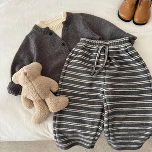 Tongxingyuan Childrens Fleece Lined Pants Gray Black Stripe Knitted Straight Leg Autumn Winter Boys Casual Long Pants - Product Image 4