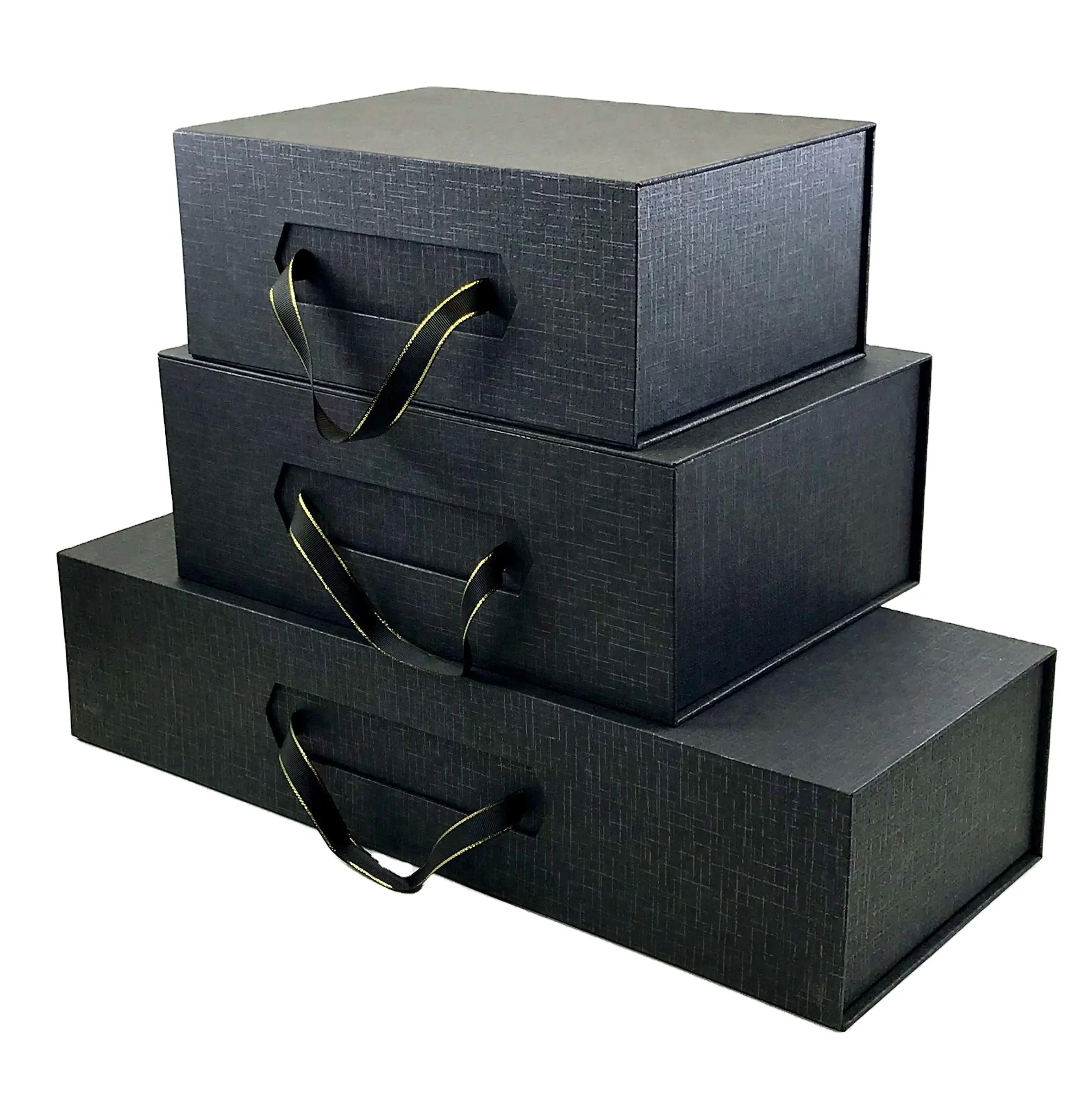 กล่องกระดาษแม่เหล็กสีดำด้านหรูหรามีด้ามจับริบบิ้น,กล่องบรรจุภัณฑ์รองเท้า