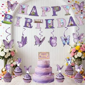 Ensemble de décoration d'anniversaire papillon violet avec bannière, décorations pour gâteaux et cupcakes pour enfants de 5 à 7 ans - Product Image 1