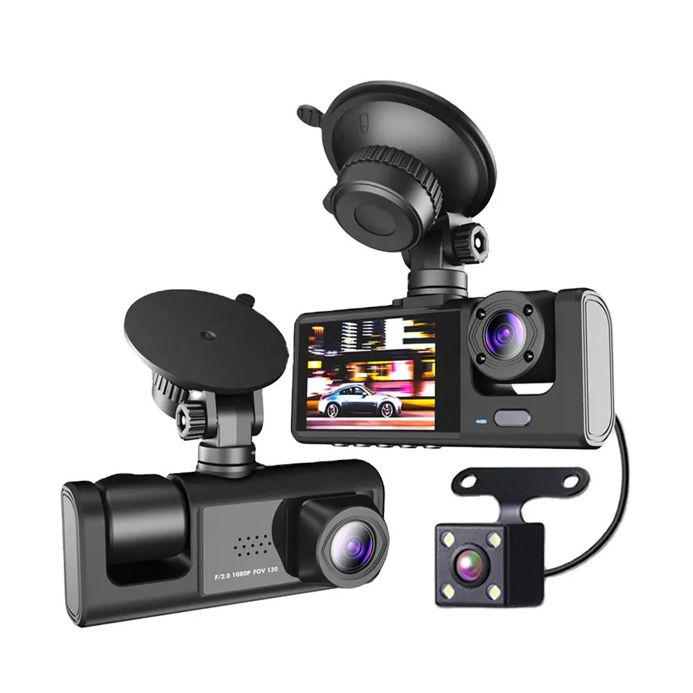 Gran oferta, cámara de salpicadero de vehículo de doble lente DVR para coche con Control WiFi de 3 canales 1080P con cámara de visión trasera, grabación de caja negra