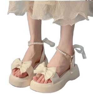 Sandalias de tacón grueso y perlas con lazo dulce para mujer, novedad de verano, para niñas - Product Image 1
