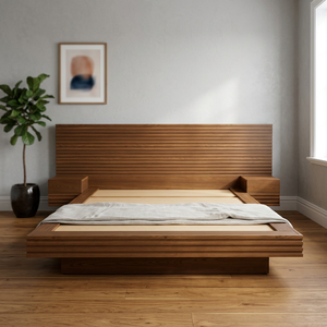 Solid Teak Wood Modern Scandinavian <b>Platform</b> <b>Bed</b> <b>Frame</b> with Nightstands Luxury Bedroom Furniture - Product Image 2