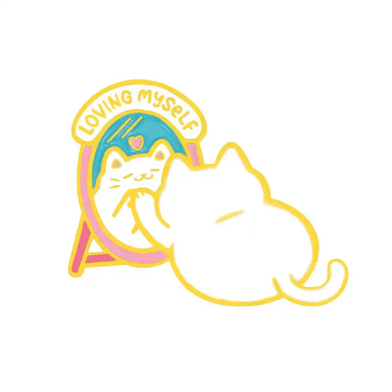 Stock Cartoon Cute Cat In Mirror Enamel Pins Self-love Brooches Lapel Badges Fun Animal Jewelry Gift For Kids Friends