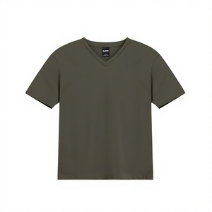 Camiseta de Hombre Verde Oliva con Cuello en V, Manga Corta, Corte Regular, Informal, de Jersey de Algodón, Color Sólido, Tejido de Punto Liso - Product Image 1