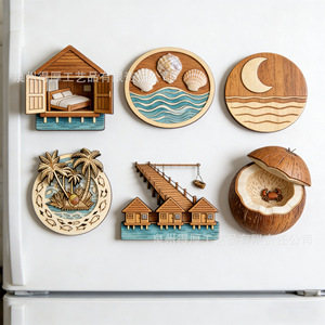 Imanes de Refrigerador con Diseño de Isla de Madera, Diseño 3D de Casa de Árbol de Coco, Recuerdos Creativos de Madera, Estilo Costero - Product Image 1