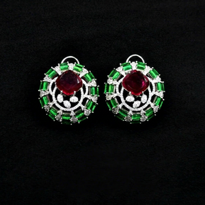 <b>Earrings</b> <b>Stud</b> 11116 C Z Silver Oval Halo Green <b>Emerald</b> Cut Red Cushion Cut CZ Rhodium Plated Fine Jewelry - Product Image 1