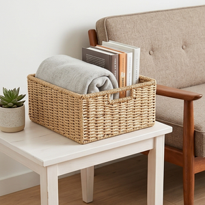 Natural Woven Pantry Storage <b>Basket</b> for Kitchen, <b>Square</b> Wicker Countertop Organizer Bin for Root Vegetables and Fruits - Product Image 4