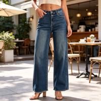 Celana Jeans Wanita Model Baggy Wide Leg 90an, Pinggang Tinggi, Raw Hem, Bahan Denim Stretch, Grosir Pabrik