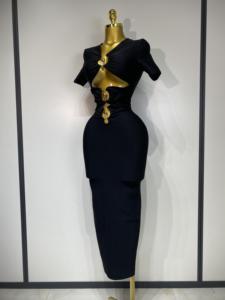 เดรสยาวรัดรูปทรงบอดี้คอนสีดำ แขนสั้น ตัดเย็บแบบถัก เหมาะสำหรับงานปาร์ตี้ งานวันเกิด งานพรอม หรืองานเลี้ยงกลางคืน - Product Image 2