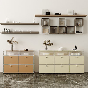 Armoire de <span class=keywords><strong>rangement</strong></span> de style vintage crème pour salon avec 4 tiroirs et 5+ compartiments, design modulaire en acier inoxydable - Product Image 1
